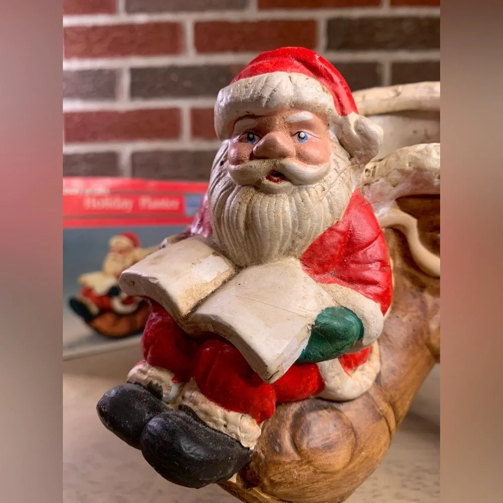 Vintage‎ Artmark’s Christmas Santa w/Book Sitting on Ceramic Boot Shoe Planter